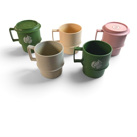 Tupperware Other - Vintage Tupperware Stacking Mugs Set of 5 with 2 Lids Mixed Earth Tones 1312 USA